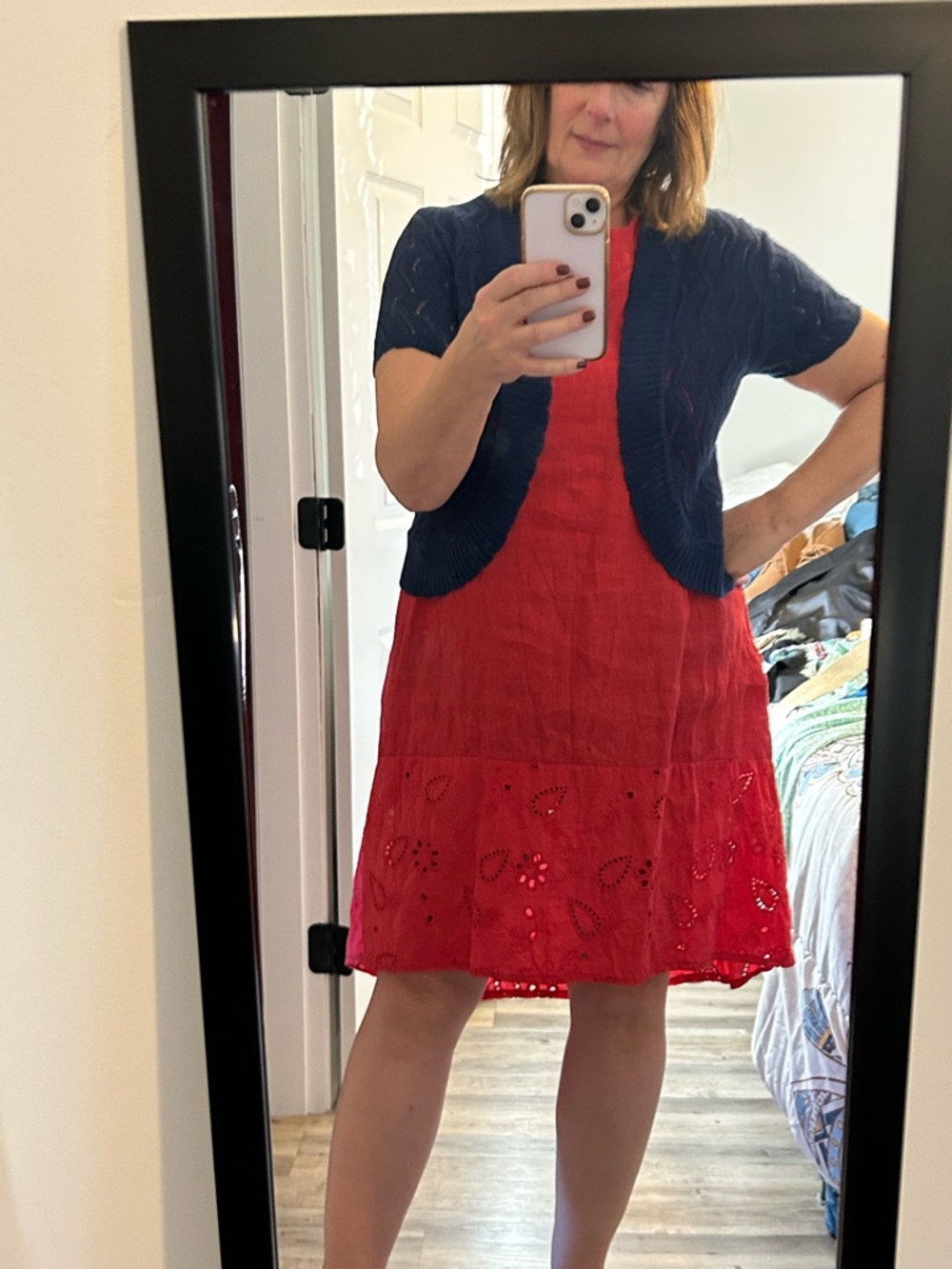 Red Eyelet Sundress with Navy Knit Bolero